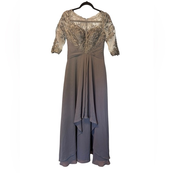 NWT JJ's House Gray Lace Top Chiffon High Low Hem Formal Dress Short Sleeve 4 - Picture 4 of 9